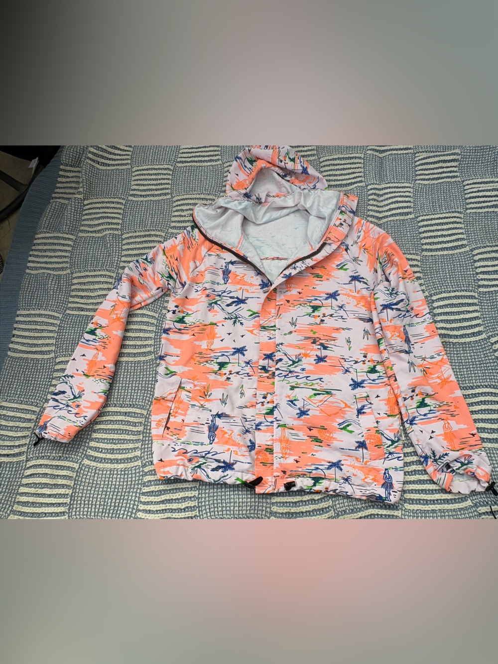 Coral, White & Navy Printed Ski Jacket with Hood